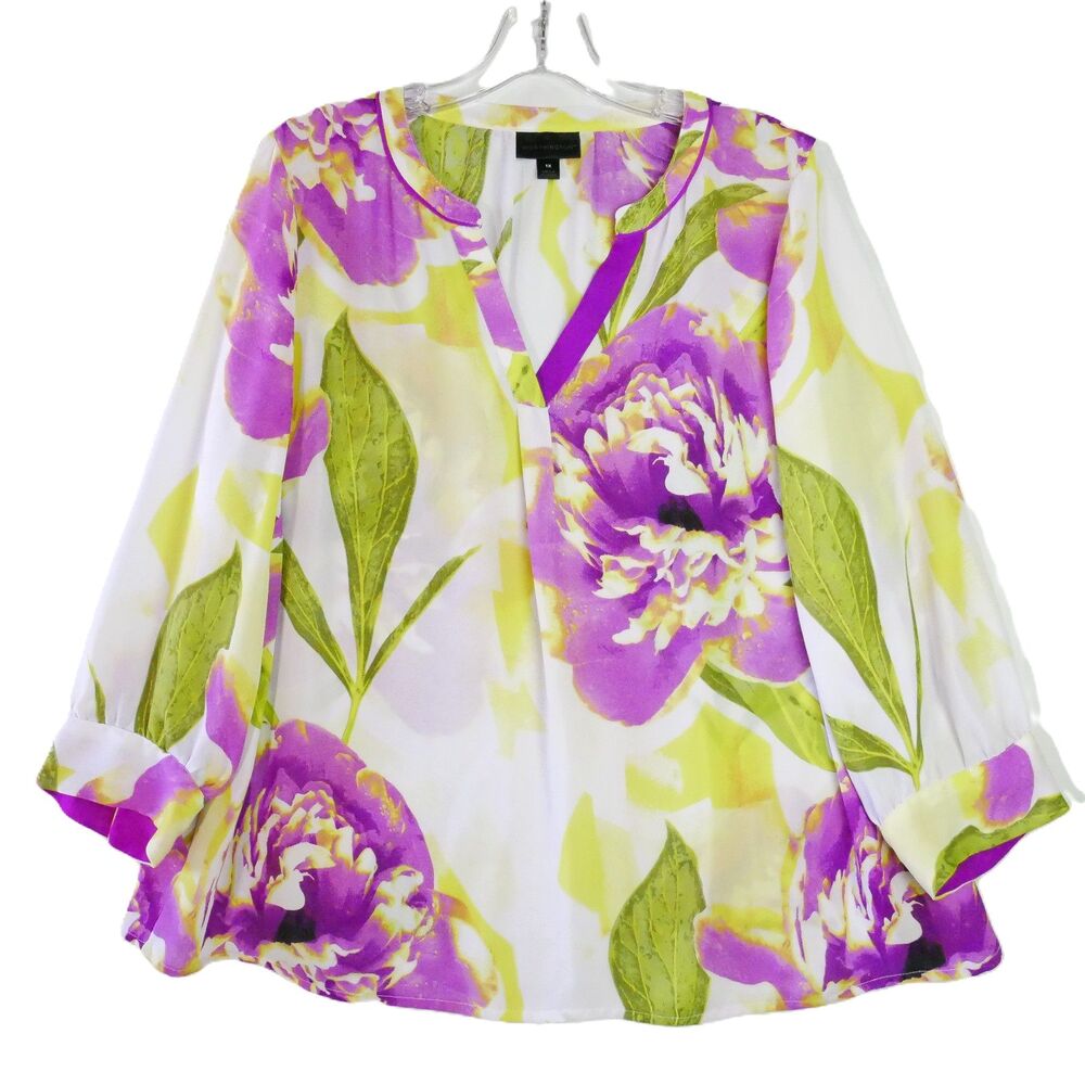 Worthington Women Size 1X Floral Print Pullover Long Sleeve Blouse Light Sheer